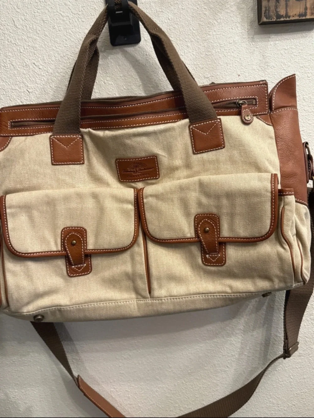 Tommy Bahama Challenge Canvas Leather Messenger Bag Travel Satchel Brown Beige